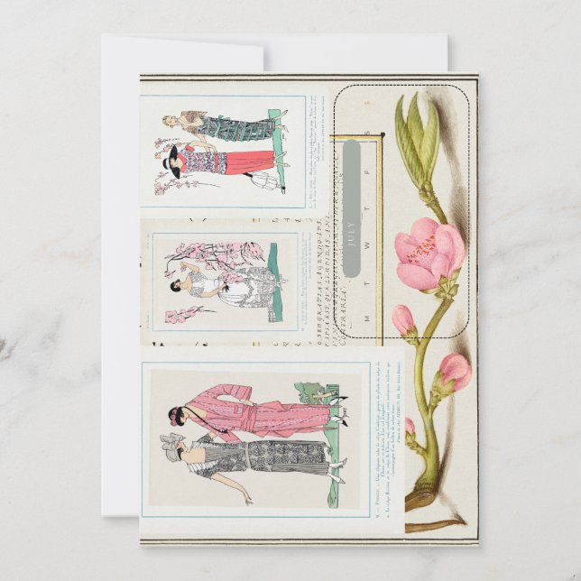 Antique Fransk Mode Tallrikar och August Calendar Spara Datumet (Framsida)