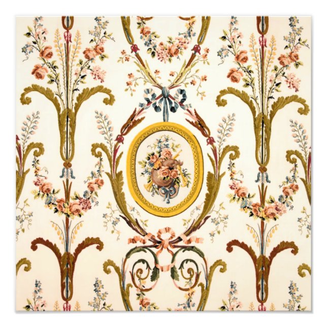 Antique Fransk Rococo Blommigt Guld Cream Elegant Fototryck (Framsidan)
