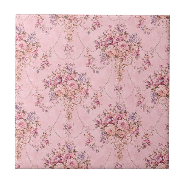 Antique Fransk Rosa Victorian Stil Blommigt Rococo Kakelplatta (Framsidan)
