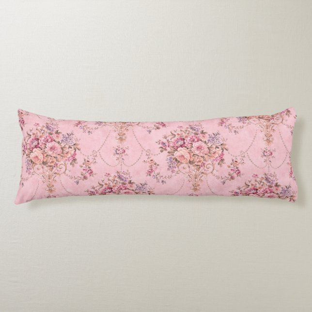 Antique Fransk Rosa Victorian Stil Blommigt Rococo Kroppskudde (Framsidan)