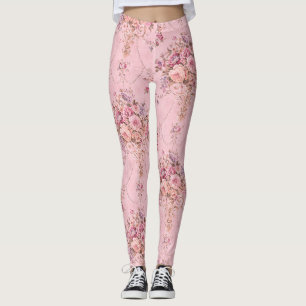 Antique Fransk Rosa Victorian Stil Blommigt Rococo Leggings