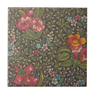 Antique Fransk Toile de Jouy 1800 s Blommigt Grena Kakelplatta