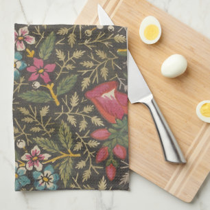 Antique Fransk Toile de Jouy 1800 s Blommigt Grena Kökshandduk