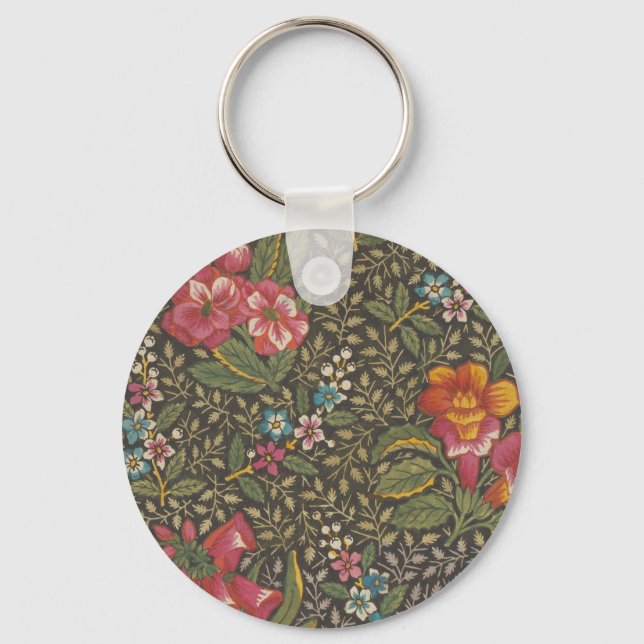 Antique Fransk Toile de Jouy 1800 s Blommigt Grena Nyckelring (Framsida)