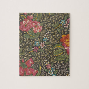 Antique Fransk Toile de Jouy 1800 s Blommigt Grena Pussel
