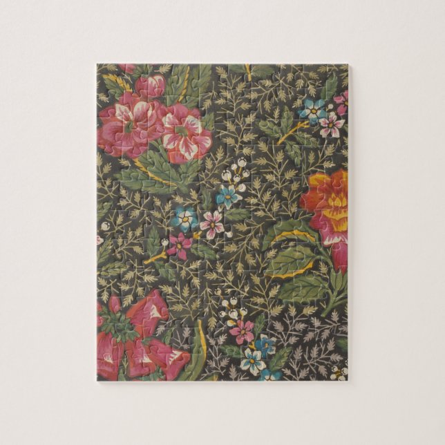 Antique Fransk Toile de Jouy 1800 s Blommigt Grena Pussel (Vertikal)