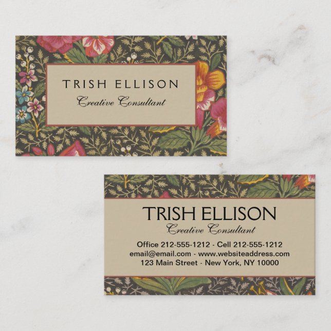 Antique Fransk Toile de Jouy 1800 s Blommigt Grena Visitkort (Fram/baksida)