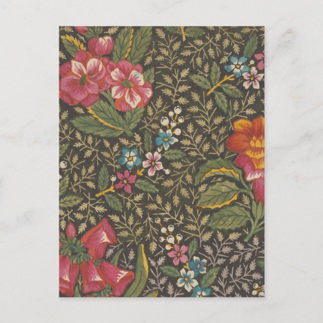 Antique Fransk Toile de Jouy 1800 s Blommigt Grena Vykort (Framsida)