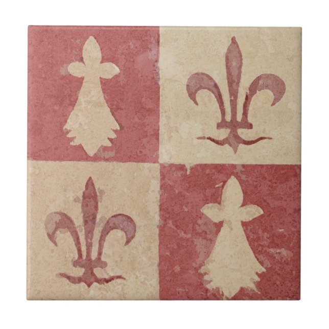Antique French Mediaeval Fleur de Lis Pattern Kakelplatta (Framsidan)