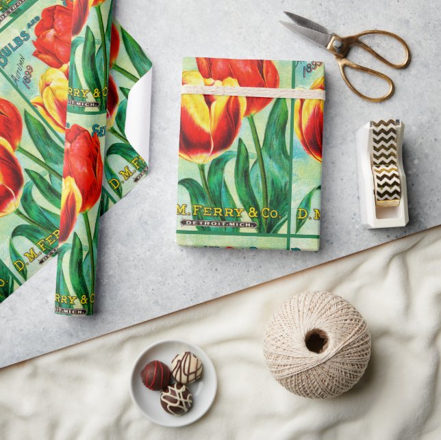 Antique Garden Advertisement, Yellow Red Tulips Presentpapper (Hantverk)