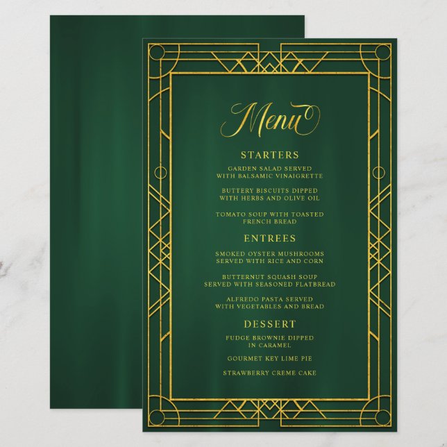 Antique Geometric Guld Ram Emerald Bröllop Menu (Fram/baksida)