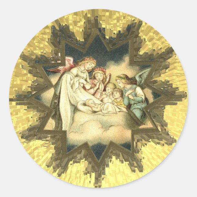 Antique German Änglar Stickers Runt Klistermärke (Framsida)