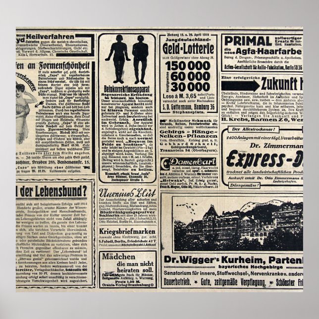 Antique German Newspaper Annons 1917 Poster (Framsidan)