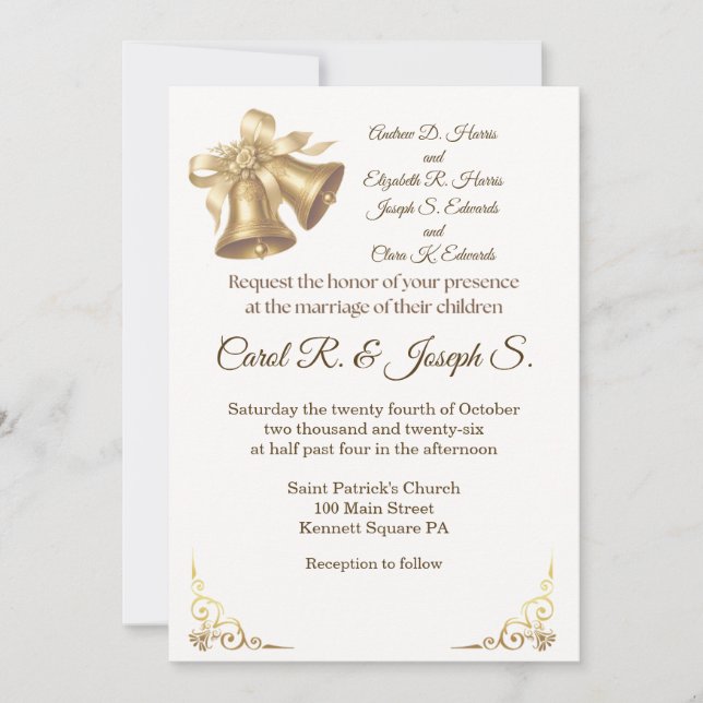 Antique Gold Bells Wedding Invitation Inbjudningar (Framsida)