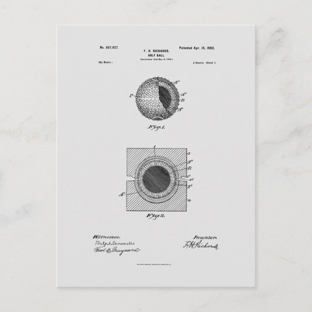 Antique Golf Boll 1902, Patent Teckning Vykort (Framsida)