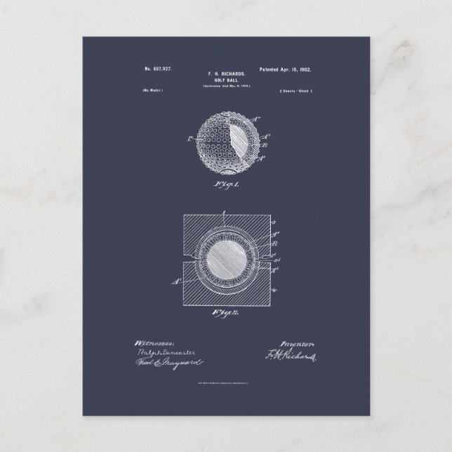 Antique Golf Boll 1902, Patent Teckning Vykort (Framsida)