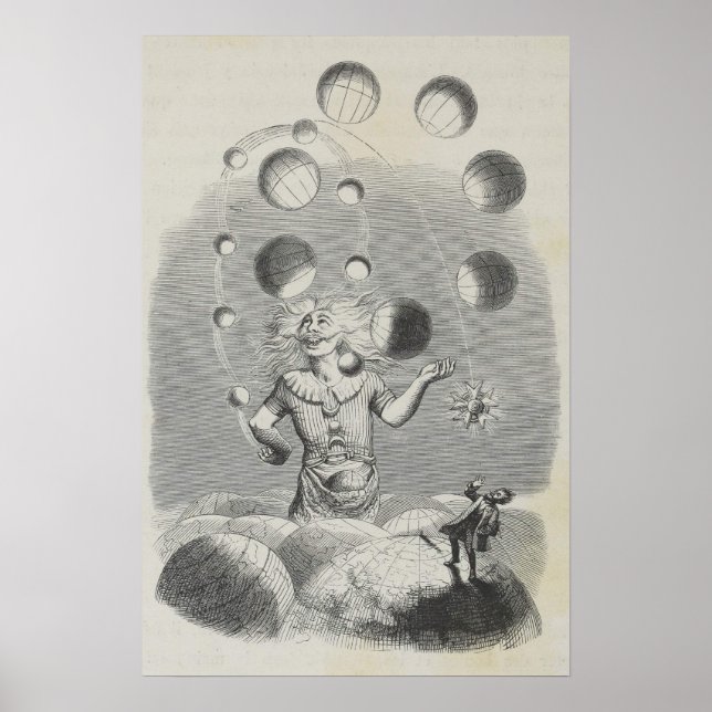 Antique Grandville Humor Astronomy Planet Juggling Poster (Framsidan)