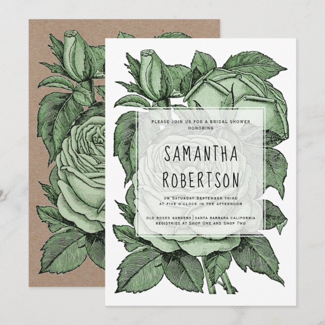 Antique grönt ro vintage bröllop möhippa inbjudningar (Fram/baksida)