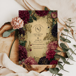 Antique Guld Baroque och Burgundy Dahlia Romantik Inbjudningar