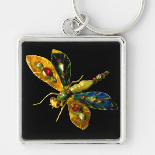 ANTIQUE GULD DRAGONFLY JEWEL MED GEMSTONES Black Fyrkantig Silverfärgad Nyckelring