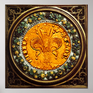 ANTIQUE GULD FLORENTINE FORINT OCH BLOMMIGT KRONA POSTER