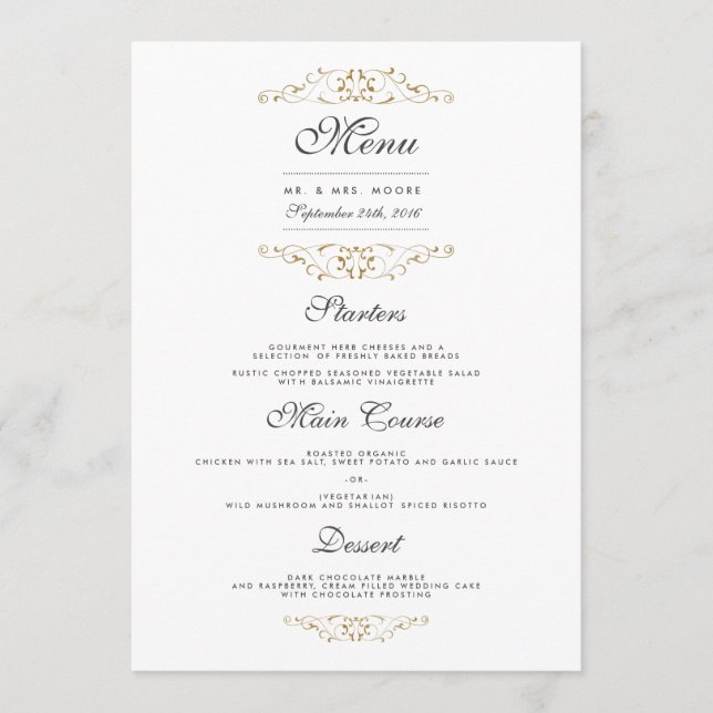 Antique Guld Flourish Bröllop Dinner Menu Meny (Framsida)