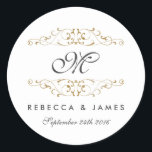 Antique Guld Flourish Monogram Wedding Stickers Runt Klistermärke<br><div class="desc">Elegant guld blomstrar. Matchande inbjudan,  OSA kort,  porto frimärke och mer i Little Bayleigh Store!</div>