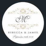 Antique Guld Flourish Monogram Wedding Stickers Runt Klistermärke<br><div class="desc">Elegant guld blomstrar. Matchande inbjudan,  OSA kort,  porto frimärke och mer i Little Bayleigh Store!</div>