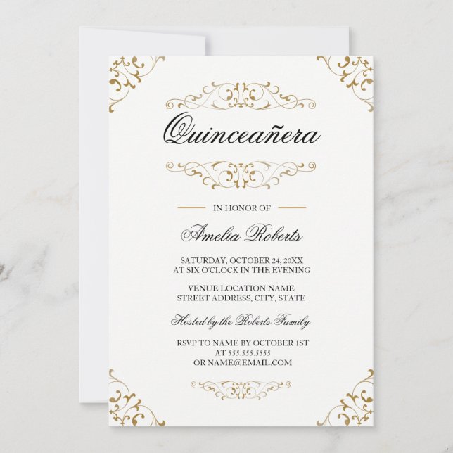 Antique Guld Flourish Quinceanera-inbjudan Inbjudningar (Framsida)