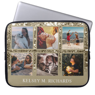 Antique Guld Glitter 6 Fotokollage med Namn Laptop Fodral