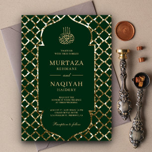 Antique Guld Glitter Ram Grönt Muslim Bröllop Inbjudningar