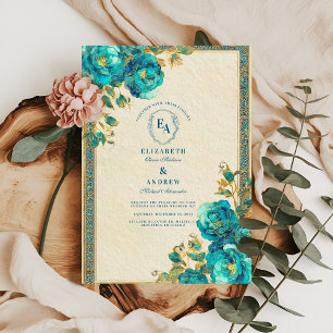 Antique Guld och Teal Botanical Bröllop Inbjudningar