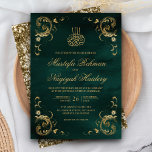 Antique Guld Ram Emerald Grönt Islamic Bröllop Inbjudningar<br><div class="desc">Akta dina gäster med den här islamiska bröllopsinbjudan stil med en känslig vintage ram och "Bismillah" i arabisk kalligrafi. Lägg bara till din händelseinformation i den här mallen som är enkel att använda för att göra den till en inbjudan av typen en.</div>