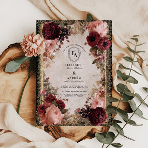 Antique Guld Ram med Deep Red Blooms Inbjudningar