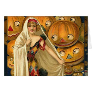 Antique Halloween Jack o lantern Costume Woman Hälsningskort
