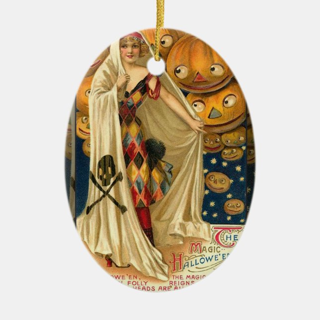 Antique Halloween Jack o lantern Costume Woman Julgransprydnad Keramik (Framsidan)