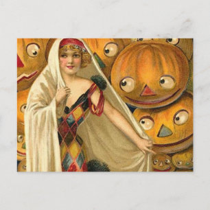 Antique Halloween Jack o lantern Costume Woman Vykort