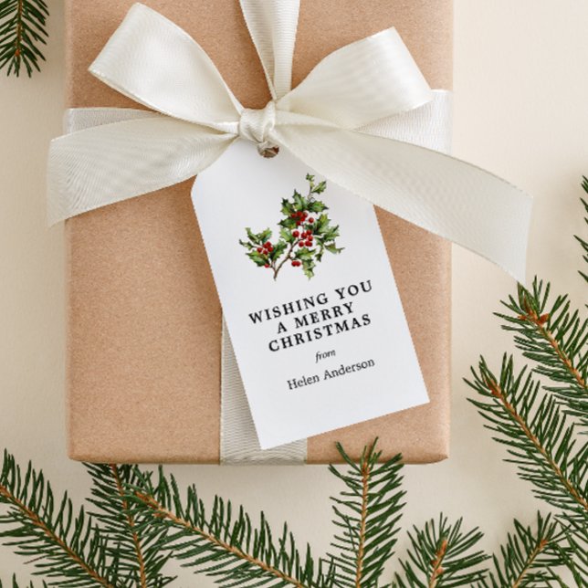 Antique Holly-Helgdag Presentetikett (vintage holly graphics traditional Christmas gift tag)
