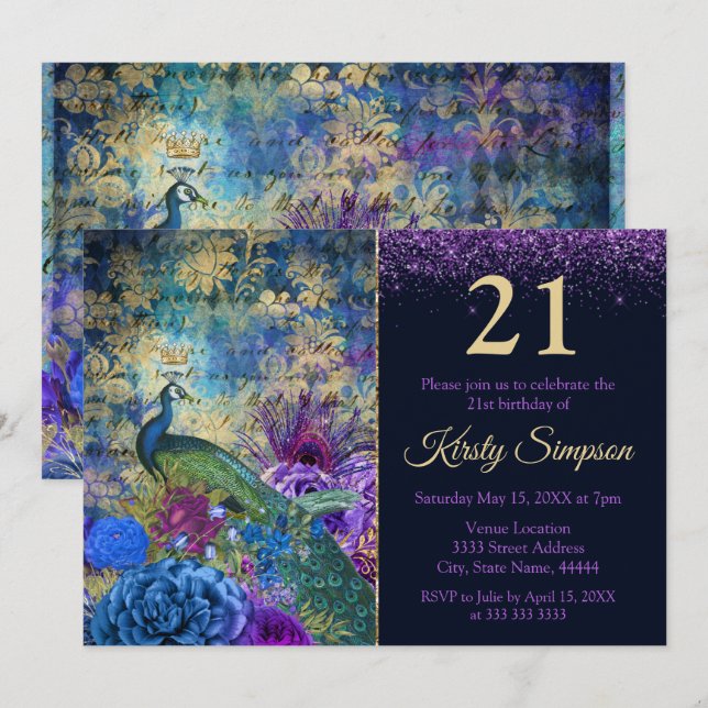 Antique Illustrated Peacock & Flowers Birthday Inbjudningar (Fram/baksida)