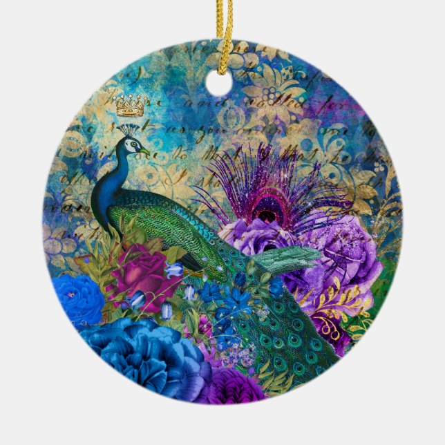 Antique Illustrated Peacock & Flowers Grunge Julgransprydnad Keramik (Framsidan)