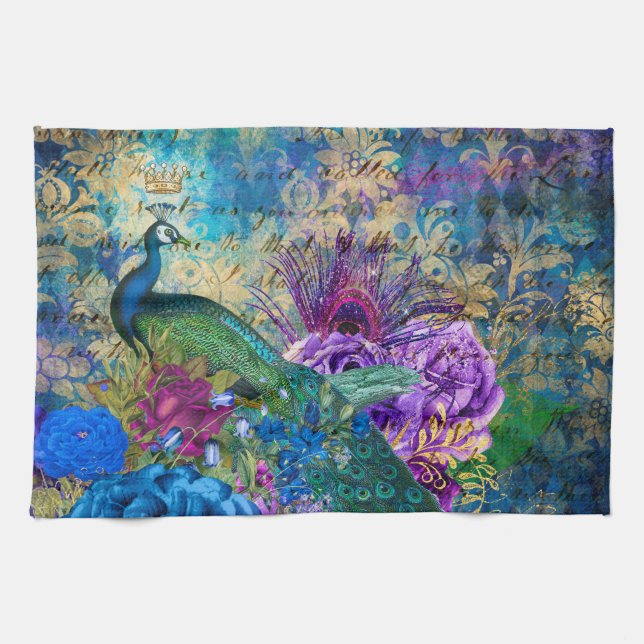 Antique Illustrated Peacock & Flowers Grunge Kökshandduk (Horisontell)