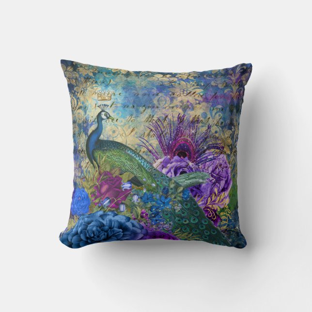 Antique Illustrated Peacock & Flowers Grunge Kudde (Framsida)