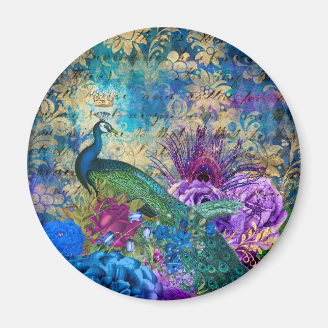 Antique Illustrated Peacock & Flowers Grunge  Magnet (Framsidan)