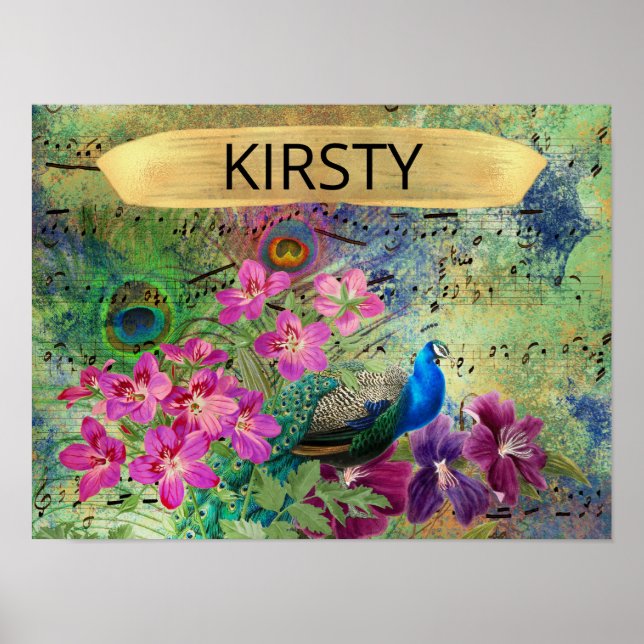 Antique Illustrated Peacock & Flowers Grunge Poster (Framsidan)