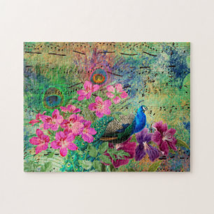 Antique Illustrated Peacock & Flowers Grunge Pussel