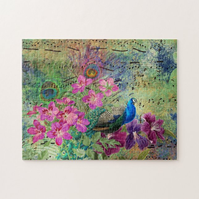 Antique Illustrated Peacock & Flowers Grunge Pussel (Horisontell)