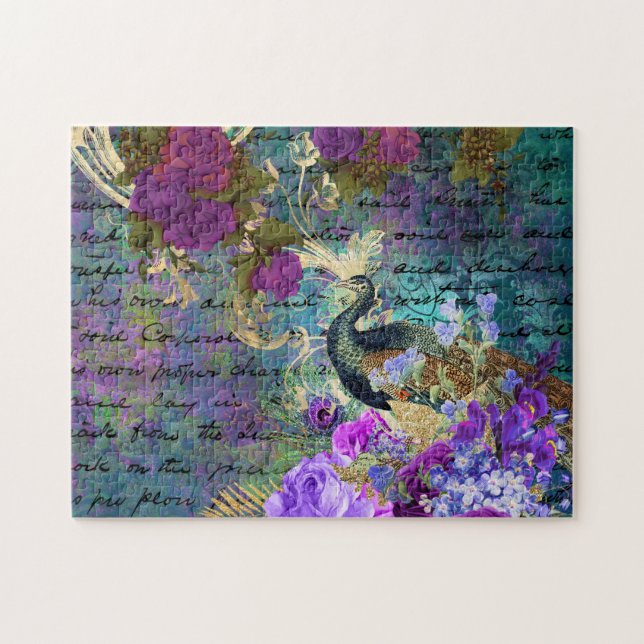 Antique Illustrated Peacock & Flowers Grunge Pussel (Horisontell)