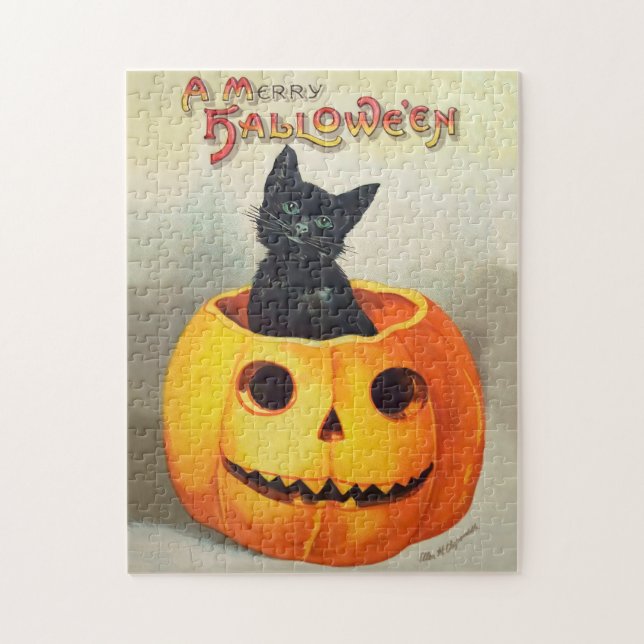 Antique Illustration Ephemera Black Cat Halloween Pussel (Vertikal)