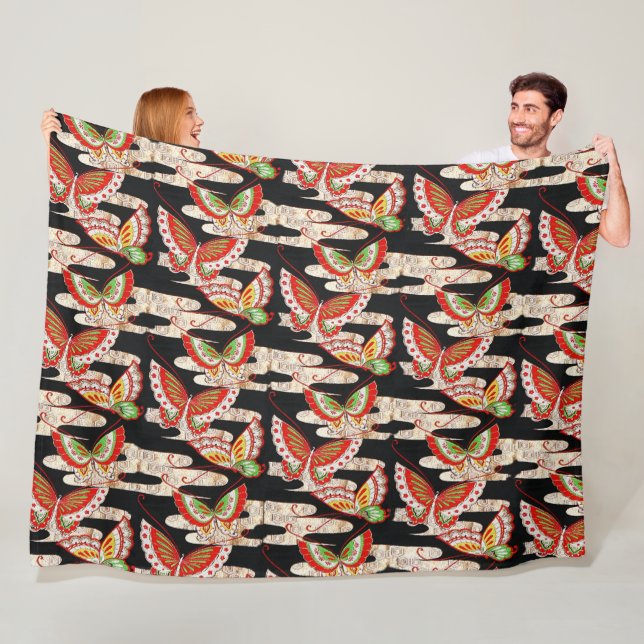 ANTIQUE JAPANESE BUTTERFLIES Red Black White Fleecefilt (På plats)