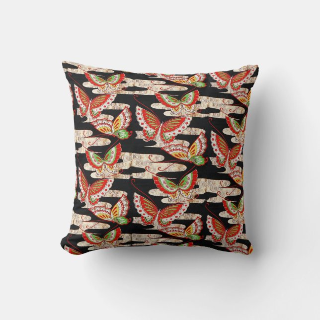 ANTIQUE JAPANESE BUTTERFLIES Red Black White Kudde (Framsida)